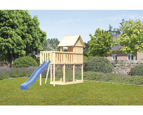 Spielturm Spielhaus Karibu Frieda 107 x 107 cm Holz bestehend aus Rutsche, Anbau, blau Spielturm Spielhaus Karibu Frieda 107 x 107 cm Holz bestehend aus Rutsche, Anbau, blau