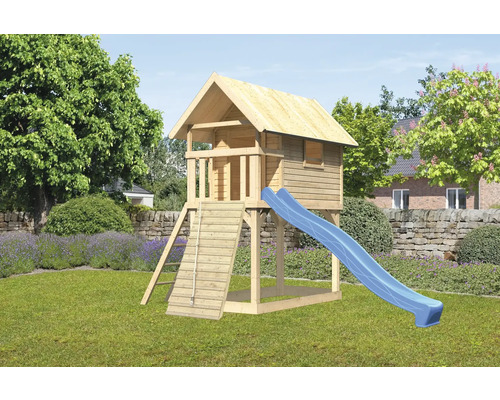 Spielturm Spielhaus Karibu Gernegroß 120 x 244 cm Holz bestehend aus Rutsche, Holzrampe