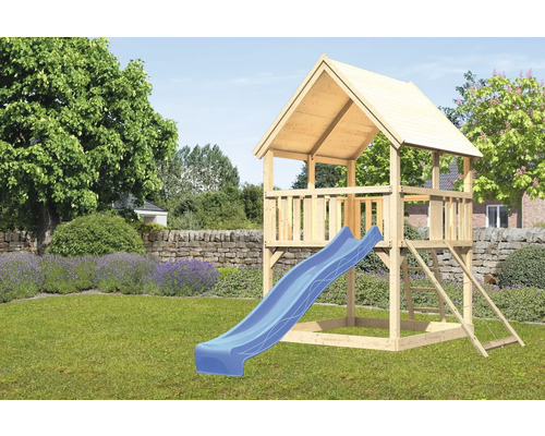 Spielturm Spielhaus Karibu Luis 200 x 200 cm Holz bestehend aus Grundturm, Rutsche, Netzrampe blau