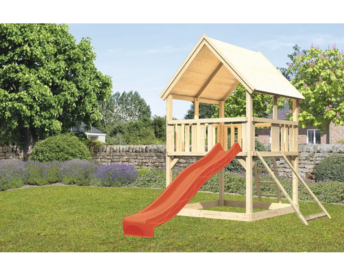 Spielturm Spielhaus Karibu Luis 200 x 200 cm Holz bestehend aus Grundturm, Rutsche, Netzrampe rot