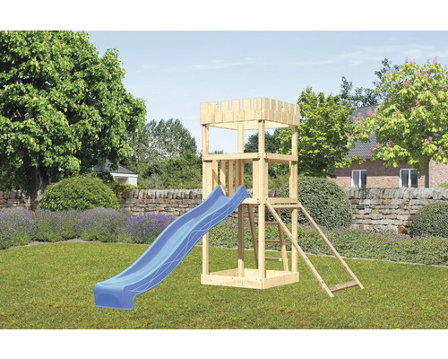 Spielturm Spielhaus Karibu Löwenherz 107 x 107 cm Holz bestehend aus Rutsche, Netzrampe blau