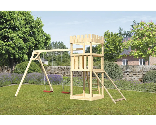 Spielturm Spielhaus Karibu 107 x 107 cm Holz bestehend aus 2 Brettschaukeln, Netzrampe