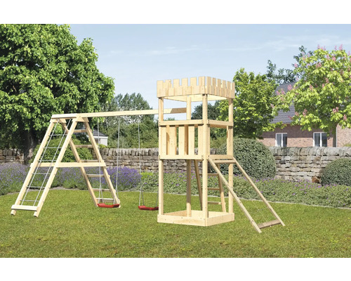 Spielturm Spielhaus Karibu Löwenherz 107 x 107 cm Holz bestehend aus Netzrampe, Grundturm