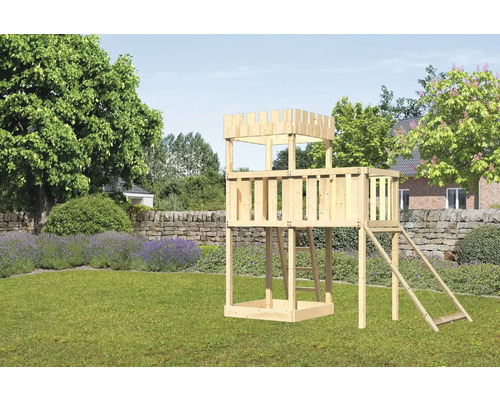 Spielturm Spielhaus Karibu 107 x 107 cm Holz bestehend aus Anbau, Netzrampe Holzspielturm mit Leiter und Rutsche im Garten