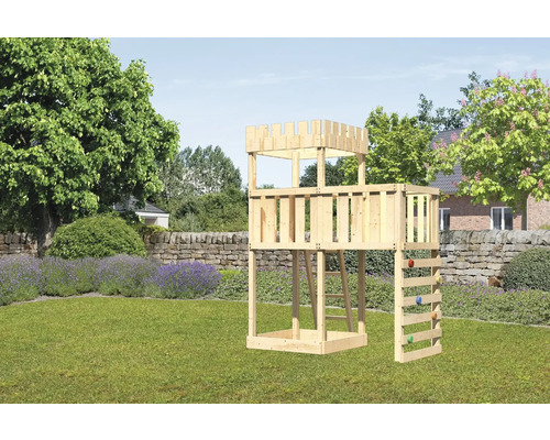 Spielturm Spielhaus Karibu Löwenherz 107 x 107 cm Holz bestehend aus Anbau, Kletterwand