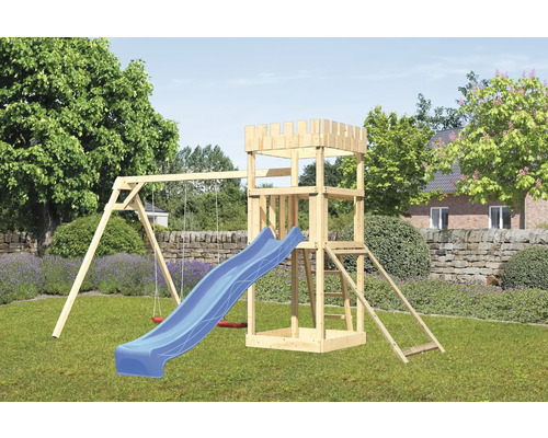 Spielturm Spielhaus Karibu Löwenherz 107 x 107 cm Holz bestehend aus Rutsche, 2 Brettschaukeln, Netzrampe