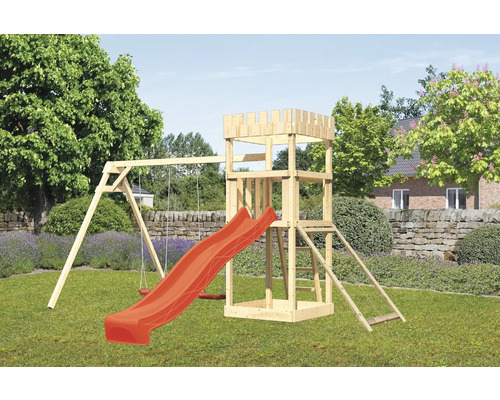 Spielturm Spielhaus Karibu Löwenherz 107 x 107 cm Holz bestehend aus Rutsche, 2 Brettschaukeln, Netzrampe rot