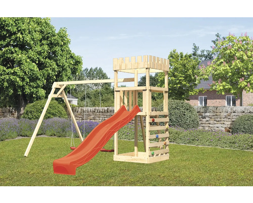 Spielturm Spielhaus Karibu 107 x 107 cm Holz bestehend aus Rutsche, 2 Brettschaukeln, Kletterwand rot