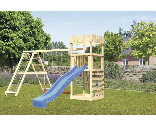 Spielturm Spielhaus Karibu 107 x 107 cm Holz bestehend aus Anbau, Grundturm, Netzrampe, Schaukel, Rutsche