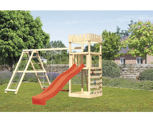 Spielturm Spielhaus Karibu 107 x 107 cm Holz bestehend aus Anbau, Grundturm, Netzrampe, Schaukel, Rutsche rot