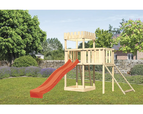 Spielturm Spielhaus Karibu Löwenherz 107 x 107 cm Holz bestehend aus Rutsche, Anbau, Netzrampe