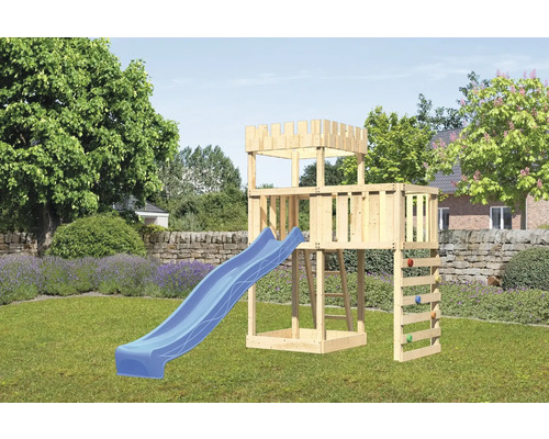 Spielturm Spielhaus Karibu Löwenherz 107 x 107 cm Holz bestehend aus Rutsche, Anbau, Kletterwand blau