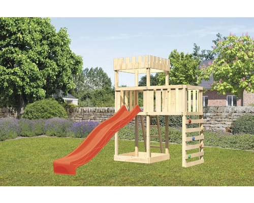 Spielturm Spielhaus Karibu Löwenherz 107 x 107 cm Holz bestehend aus Rutsche, Anbau, Kletterwand