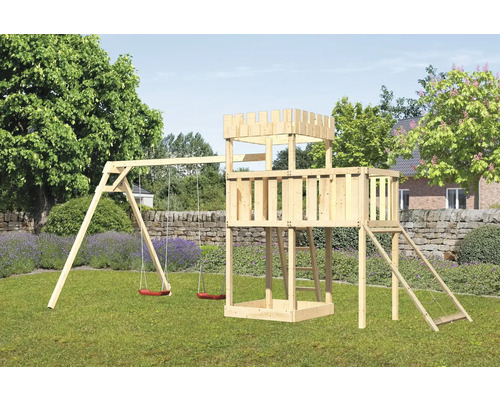 Spielturm Spielhaus Karibu Löwenherz 107 x 107 cm Holz bestehend aus 2 Brettschaukeln, Anbau, Netzrampe