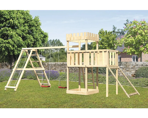 Spielturm Spielhaus Karibu Löwenherz 107 x 107 cm Holz bestehend aus Anbau, Grundturm, Netzrampe, Schaukel rot