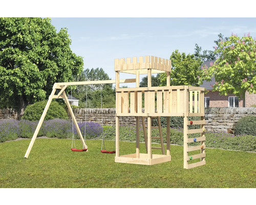 Spielturm Spielhaus Karibu Löwenherz 107 x 107 cm Holz bestehend aus 2 Brettschaukeln, Anbau, Kletterwand