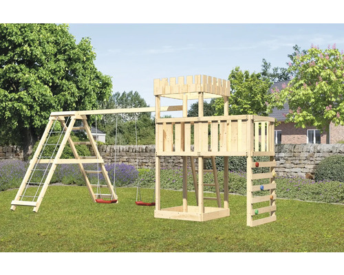 Spielturm Spielhaus Karibu Löwenherz 107 x 107 cm Holz bestehend aus Anbau, Grundturm, Netzrampe, Schaukel