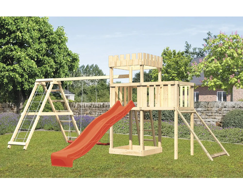 Spielturm Spielhaus Karibu 107 x 107 cm Holz bestehend aus Anbau, Grundturm, Netzrampe, Schaukel, Rutsche rot