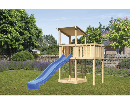 Spielturm Spielhaus Karibu Anna 107 x 107 cm Holz bestehend aus Rutsche, Anbau blau