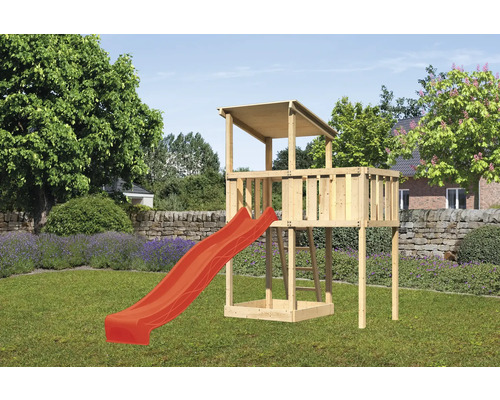 Spielturm Spielhaus Karibu Anna 107 x 107 cm Holz bestehend aus Rutsche, Anbau rot