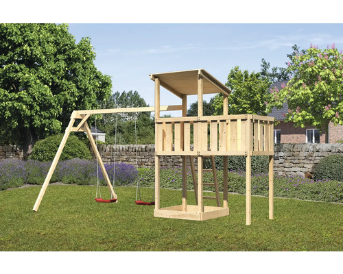 Spielturm Spielhaus Karibu Anna 107 x 107 cm Holz bestehend aus 2 Brettschaukeln, Anbau