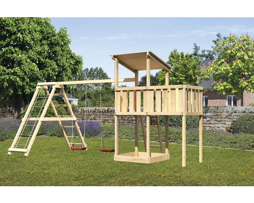 Spielturm Spielhaus Karibu Anna 107 x 107 cm Holz bestehend aus Anbau, Grundturm, Netzrampe, Schaukel rot