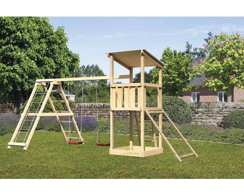 Spielturm Spielhaus Karibu Anna 107 x 107 cm Holz bestehend aus Anbau, Grundturm, Netzrampe, Schaukel