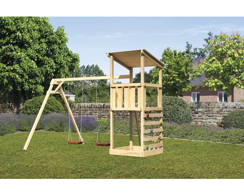 Spielturm Spielhaus Karibu Anna 107 x 107 cm Holz bestehend aus 2 Brettschaukeln, Kletterwand