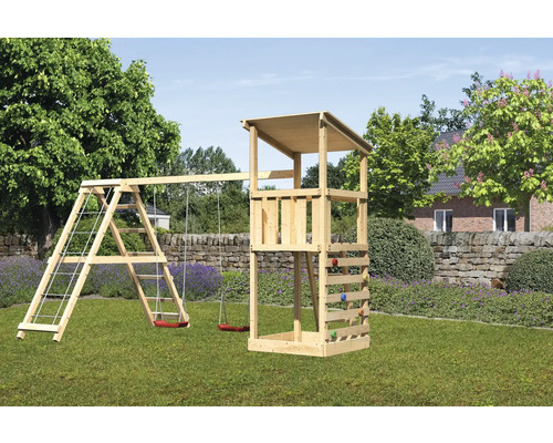 Spielturm Spielhaus Karibu Anna 107 x 107 cm Holz bestehend aus Grundturm, Schaukel Plattform rot