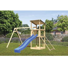 Spielturm Spielhaus Karibu Anna 107 x 107 cm Holz bestehend aus Rutsche, 2 Brettschaukeln, Netzrampe blau