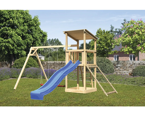 Spielturm Spielhaus Karibu Anna 107 x 107 cm Holz bestehend aus Rutsche, 2 Brettschaukeln, Netzrampe blau