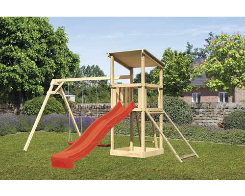 Spielturm Spielhaus Karibu Anna 107 x 107 cm Holz bestehend aus Rutsche, 2 Brettschaukeln, Netzrampe rot