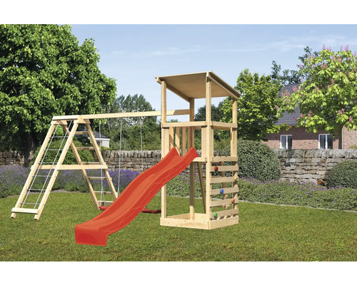 Spielturm Spielhaus Karibu Anna 107 x 107 cm Holz bestehend aus Anbau, Grundturm, Kletterwand, Rutsche, Plattform, Schaukel rot