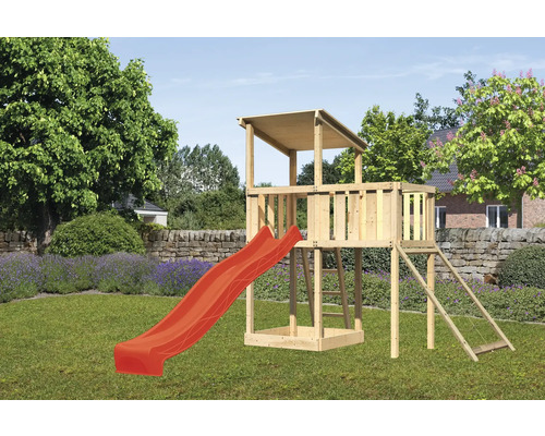 Spielturm Spielhaus Karibu Anna 107 x 107 cm Holz bestehend aus Rutsche, Anbau, Netzrampe rot