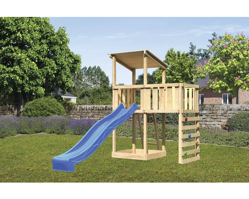 Spielturm Spielhaus Karibu Anna 107 x 107 cm Holz bestehend aus Rutsche, Anbau, Kletterwand blau