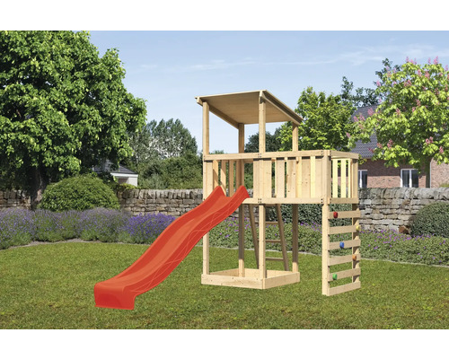 Spielturm Spielhaus Karibu Anna 107 x 107 cm Holz bestehend aus Rutsche, Anbau, Kletterwand