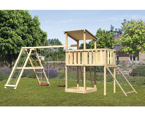 Spielturm Spielhaus Karibu Anna 107 x 107 cm Holz bestehend aus Anbau, Grundturm, Netzrampe, Rutsche, Plattform, Schaukel rot