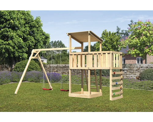 Spielturm Spielhaus Karibu Anna 107 x 107 cm Holz bestehend aus 2 Brettschaukeln, Anbau, Kletterwand