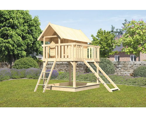 Spielturm Spielhaus Karibu Fidel 198 x 243 cm Holz bestehend aus Netzrampe, Grundturm