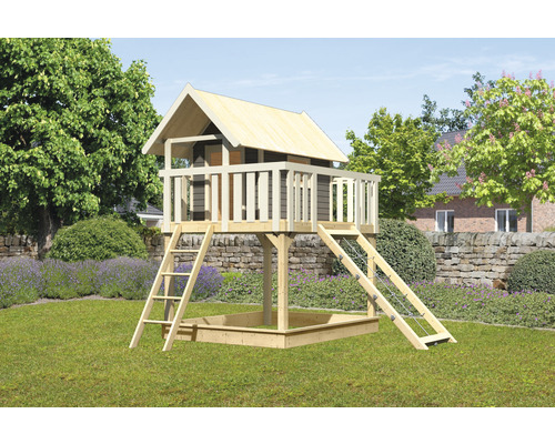 Spielturm Spielhaus Karibu Fidel 198 x 243 cm Holz grau bestehend aus Netzrampe, Grundturm