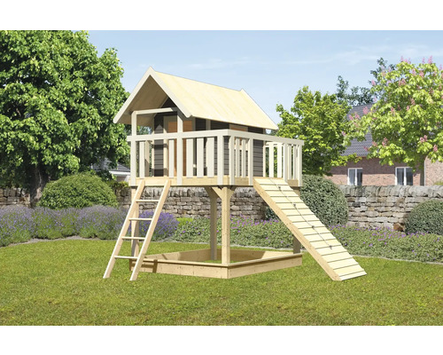 Spielturm Spielhaus Karibu Fidel 198 x 243 cm Holz grau bestehend aus Holzrampe, Grundturm