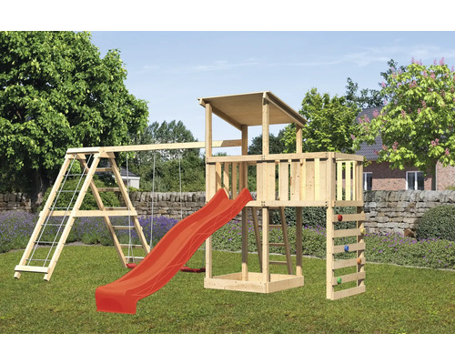 Spielturm Spielhaus Karibu Anna 107 x 107 cm Holz bestehend aus Anbau, Kletterwand, Rutsche, Grundturm, Schaukel rot