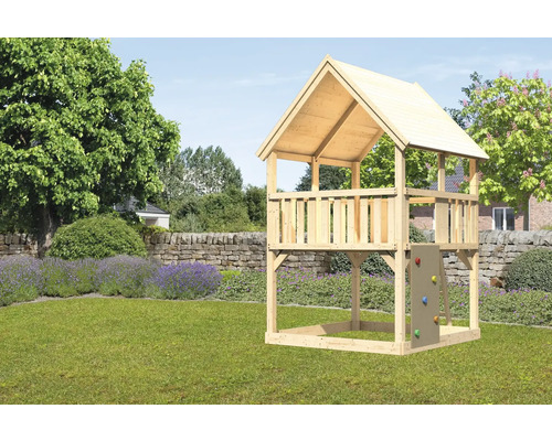 Spielturm Spielhaus Karibu Luis 200 x 200 cm Holz bestehend aus Kletterwand Spielhaus mit Sandkasten und Kletterwand im Garten.