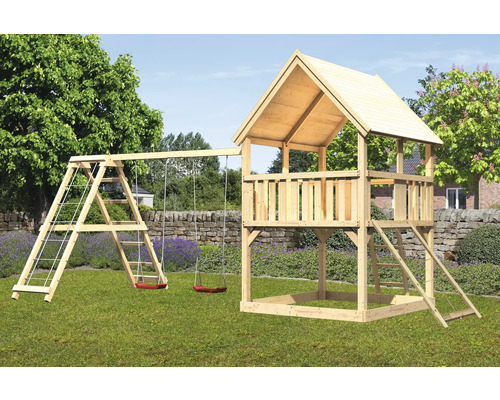 Spielturm Spielhaus Karibu Luis 200 x 200 cm Holz bestehend aus Netzrampe