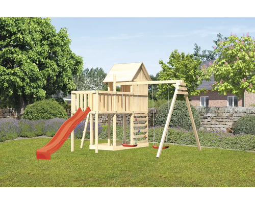 Spielturm Spielhaus Karibu Frieda 107 x 107 cm Holz bestehend aus Rutsche, 2 Brettschaukeln, Anbau, Kletterwand