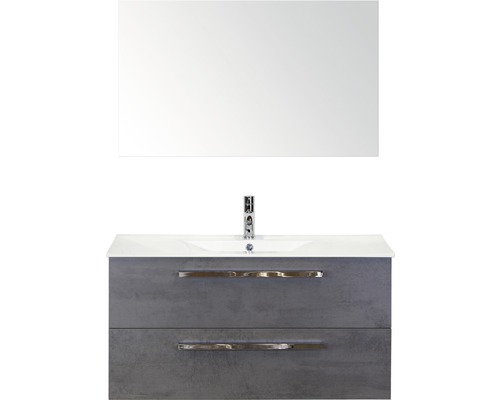Badmöbel-Set Sanox Seville BxHxT 101 x 170 x 46 cm Frontfarbe beton anthrazit mit Waschtisch Keramik weiß und Waschtischunterschrank Waschtisch Spiegel
