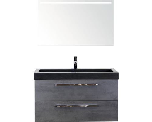 Badmöbel-Set Sanox Seville BxHxT 101 x 170 x 45,5 cm Frontfarbe beton anthrazit mit Waschtisch Naturstein schwarz und Waschtischunterschrank Waschtisch Spiegel mit LED-Beleuchtung