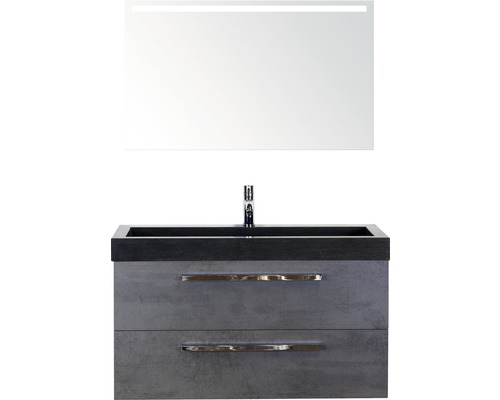 Badmöbel-Set Sanox Seville BxHxT 101 x 170 x 45,5 cm Frontfarbe beton anthrazit mit Waschtisch Naturstein schwarz und Waschtischunterschrank Waschtisch Spiegel mit LED-Beleuchtung Waschtisch mit Unterschrank und Spiegel für das Badezimmer