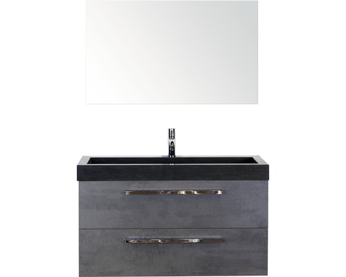 Einzelbadmöbel Sanox Seville BxHxT 101 x 170 x 45,5 cm Frontfarbe beton anthrazit mit Waschtisch Naturstein schwarz und Waschtischunterschrank Waschtisch Spiegel Griff chrom glanz 81702641 Waschtisch mit Unterschrank und Spiegel für das Badezimmer