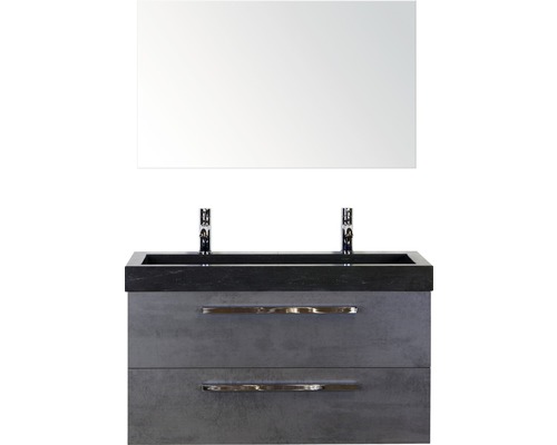 Badmöbel-Set Sanox Seville BxHxT 101 x 170 x 45,5 cm Frontfarbe beton anthrazit mit Waschtisch Naturstein schwarz und Waschtischunterschrank Waschtisch Spiegel